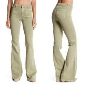 J Brand Demi Flare Leg Bell Bottom Jeans High Rise Patch Pockets FLAW Green 29